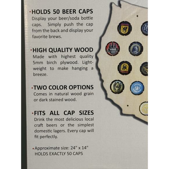 24" x 14" Beer Cap Map of United States; Holds 50 Beer Caps Natural Finish Birch - Picture 2 of 4